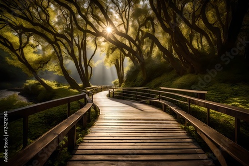 A peaceful boardwalk in a serene park, where the path leads you deeper into the natural beauty of the landscape. photo