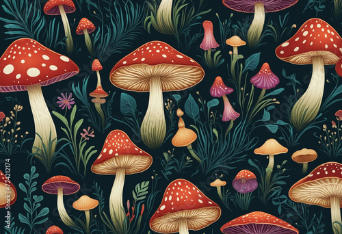 Fantasy mushrooms on dark background. Fantasy colorful illustration. Generative AI