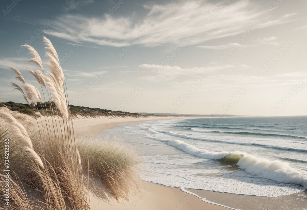 monochromatic beachscape with soft beige colors and pampas grass in motion, generative ai beautiful art monochromatic beachscape with soft beige colors and pampas grass in motion, generative ai beautiful art