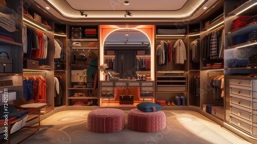 a modern dressing room interior adorned with stylish clothes, shoes, and a large mirror, reflecting the epitome of elegance and sophistication in personal style. © lililia