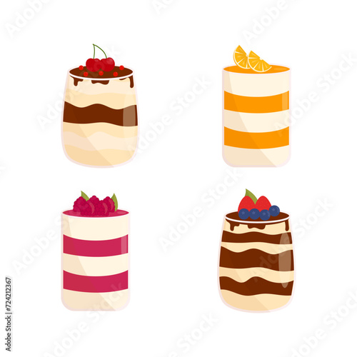 Sweet berry dessert in glass with fresh strawberry, raspberry, cherry, orange, blueberry, biscuit and whipped cream. Milk dessert. Cheesecake or berry trifle cake in glass. Cartoon vector illustration