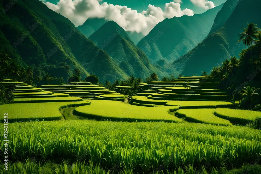 A scenic rural tableau, where the tranquility of sprawling rice fields is contrasted by the dramatic presence of tropical mountains looming in the background.