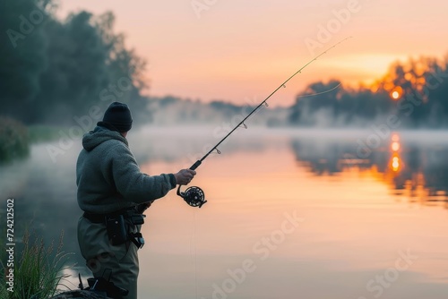 A solitary fisherman casts his line into the serene waters, basking in the warm glow of the setting sun while indulging in the peaceful and timeless art of recreational fishing © Pinklife