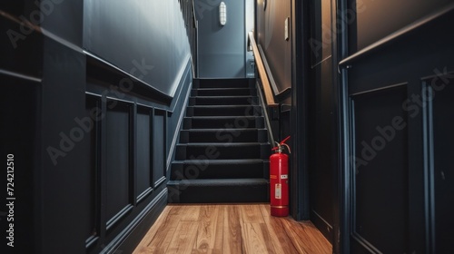 Black carpeted steps and narrow corridor of luxurious home with hardwood floor and fire extinguisher