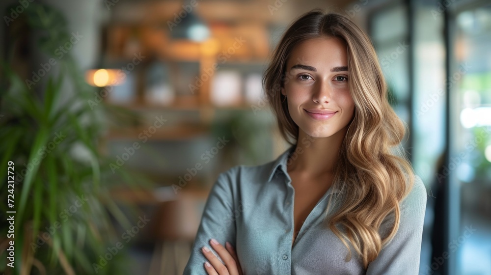 Obraz premium A Successful Businesswoman Portrait Captured Indoors, Standing Proudly with her Smartphone