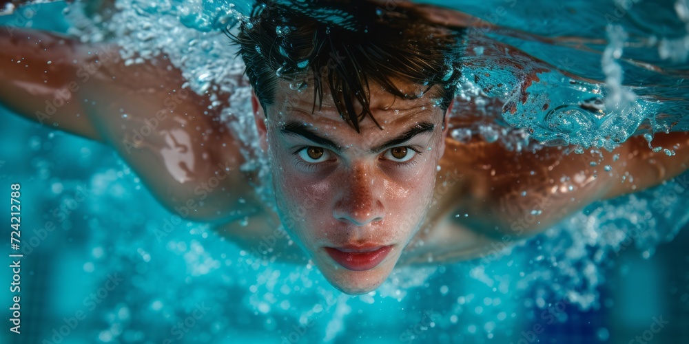Close up of a handsome young man swimming in a pool.