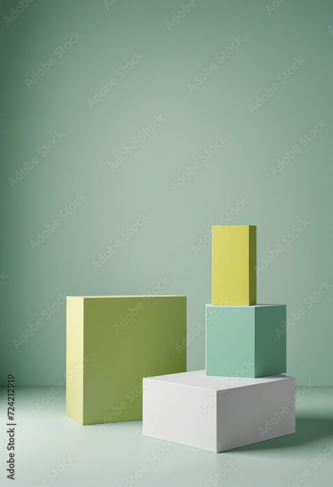 Abstract background trendy composition with geometric shapes forms. Exhibition podium, platform for product presentation on light green background Abstract background trendy composition with geometric shapes forms. Exhibition podium, platform for product presentation on light green background