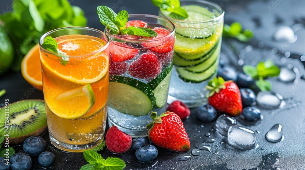 A snapshot of a table set with refreshing infused water, fresh fruits A snapshot of a table set with refreshing infused water, fresh fruits