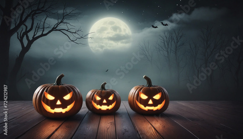 Glowing evil pumpkins in a spooky night with fog, on a wooden floor. Halloween banner background - Generative AI