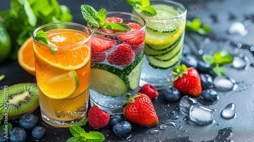 A snapshot of a table set with refreshing infused water, fresh fruits