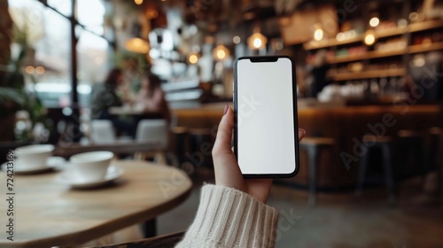 A Woman's Hand Holding a Phone with White Blank Screen at a Coffee Shop