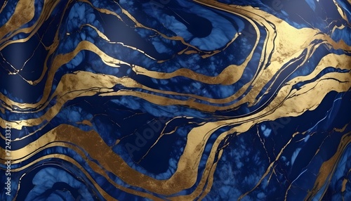 Wavy azure blue and gold marble background 
