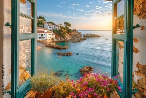 Amidst the tranquil sky and vibrant plant life, a picturesque window overlooks a serene body of water, evoking feelings of peacefulness and longing for an idyllic vacation by the beach or ocean