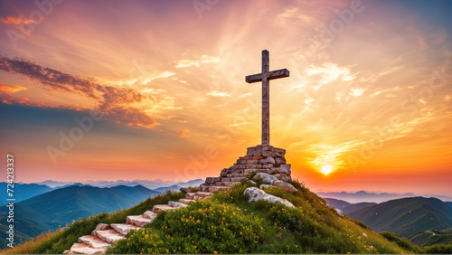 A photo of a cross positioned on top of a hill, with a vibrant sunset as the backdrop