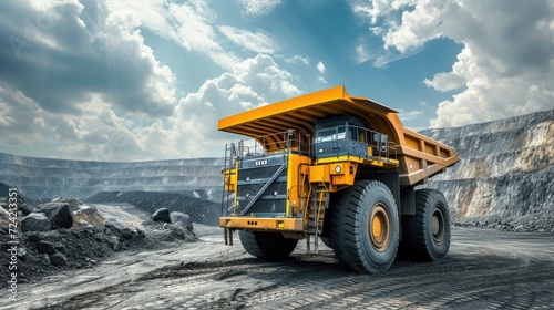 open pit mining with a realistic photograph featuring a large yellow mining dump truck extracting anthracite coal, showcasing the scale and machinery involved in the mining industry. photo