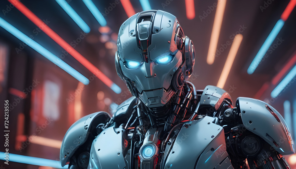 Futuristic Humanoid Robot With Blue Illumination Against a Digital Background Futuristic Humanoid Robot With Blue Illumination Against a Digital Background
