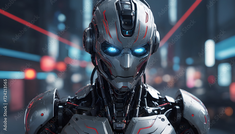 Fototapeta premium Futuristic Humanoid Robot With Blue Illumination Against a Digital Background