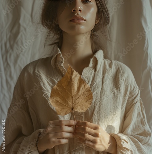 a woman is holding a dry leaf in her hand