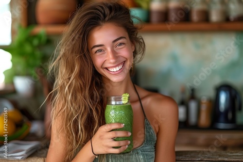 a smiling woman holding a green smoothie
