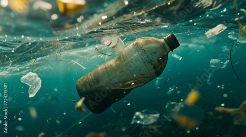 Plastic and other trash floating in the ocean. Effect of modern consumption on environment.