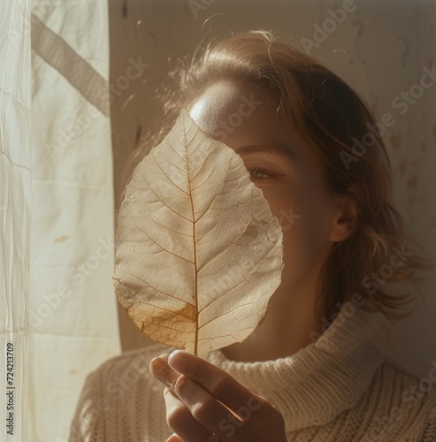 a woman is holding a dry leaf in her hand