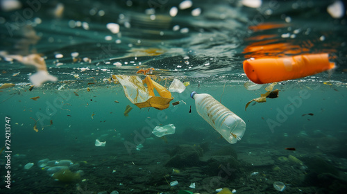 Plastic and other trash floating in the ocean. Effect of modern consumption on environment. © Meta