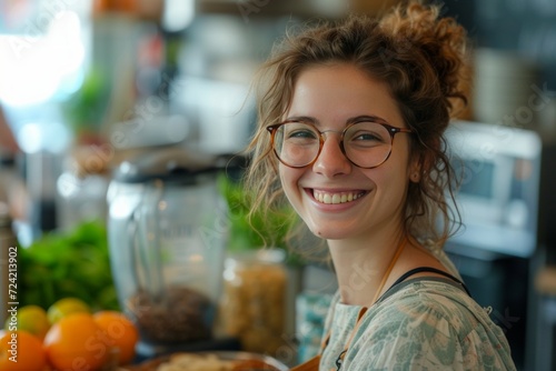 a woman wearing glasses smiling at a blender