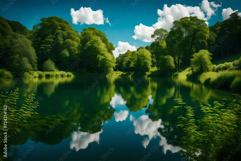 A tranquil summer lake, embraced by a verdant landscape, offering a perfect reflection of the green trees and blue sky.