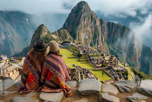 Amidst the misty mountain peaks, two hikers pause on a rocky ledge to admire the sprawling city below, framed by the vast sky and swirling clouds