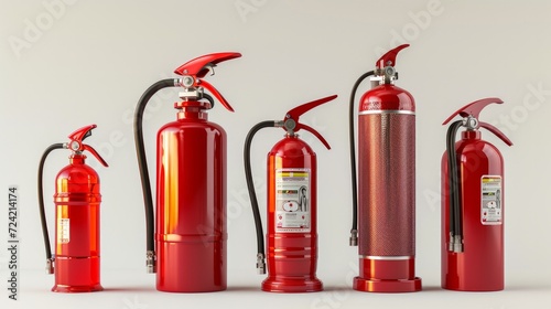 Fire extinguishers isolated on white background. Various types of extinguishers. 3d illustration photo