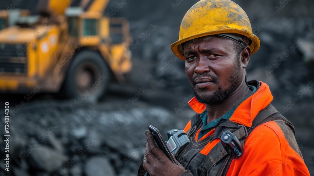 a young African mine worker in protective gear while holding a cell phone, with coal mine equipment in the background, the modern technology and safety measures integrated into mining operations. a young African mine worker in protective gear while holding a cell phone, with coal mine equipment in the background, the modern technology and safety measures integrated into mining operations.