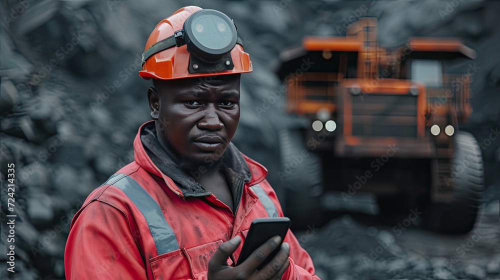 Fototapeta premium a young African mine worker in protective gear while holding a cell phone, with coal mine equipment in the background, the modern technology and safety measures integrated into mining operations.