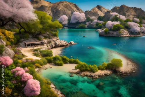 A picturesque morning view of Cameo Island in spring, the island basking in bright sunlight, surrounded by crystal-clear waters and blooming wildflowers
