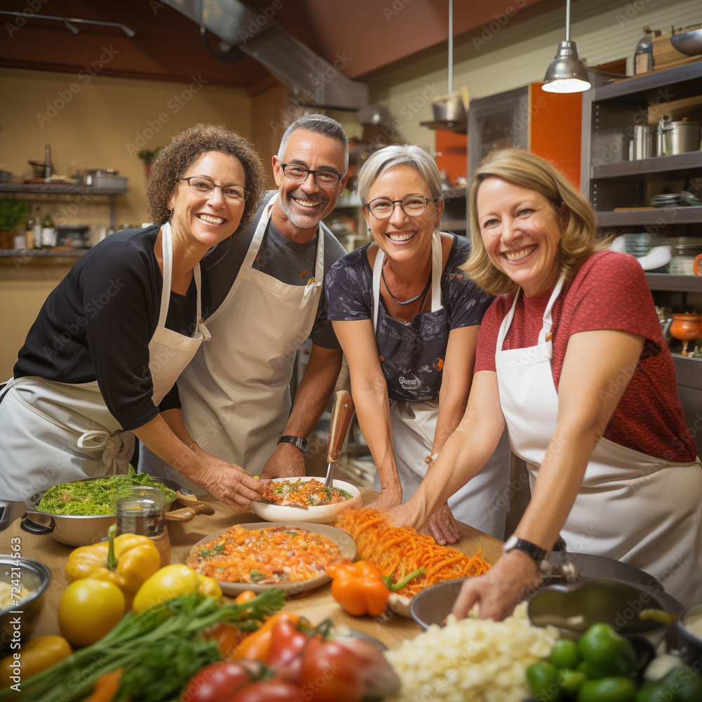 Three women and a man smile at the camera showing their finely chopped vegetables.Traditional method of preparing vegan food. Image of traditional Italian cuisine made of fresh ingredients.