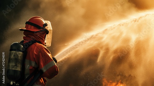 Firefighter in the training with fire hose nozzle spraying high pressure water to fire, Firefighter wearing a fire suit for safety under the danger case photo