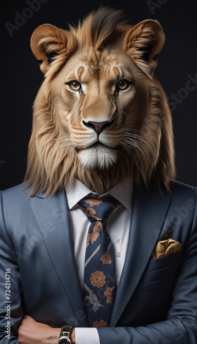 Lion dressed in an elegant suit with a nice tie. Fashion portrait of an anthropomorphic animal  feline  leo  shooted in a charismatic human attitude.