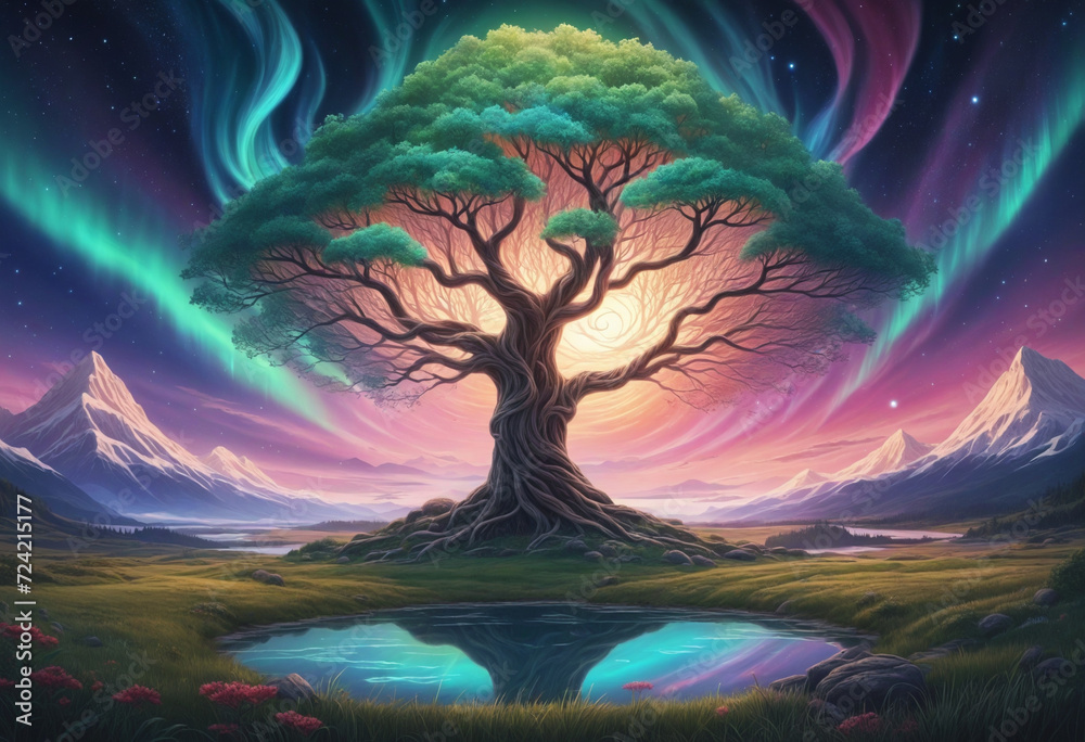 Naklejka premium Mythical Yggdrasil. World Tree with Aurora Polar Lights. Generative AI