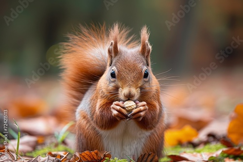 A curious mammal, a grey squirrel, feasts on a nut amidst the vibrant autumn leaves, blending into the wild beauty of the outdoor world photo