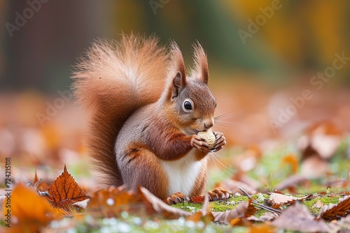 Amidst the vibrant hues of autumn, a fluffy grey squirrel feasts on a nut, its bushy tail twitching with contentment in the great outdoors