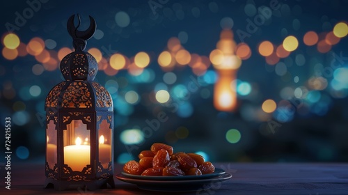 Lantern that have moon symbol on top and small plate of dates fruit with night sky and city bokeh light background for the Muslim feast of the holy month of Ramadan Kareem photo