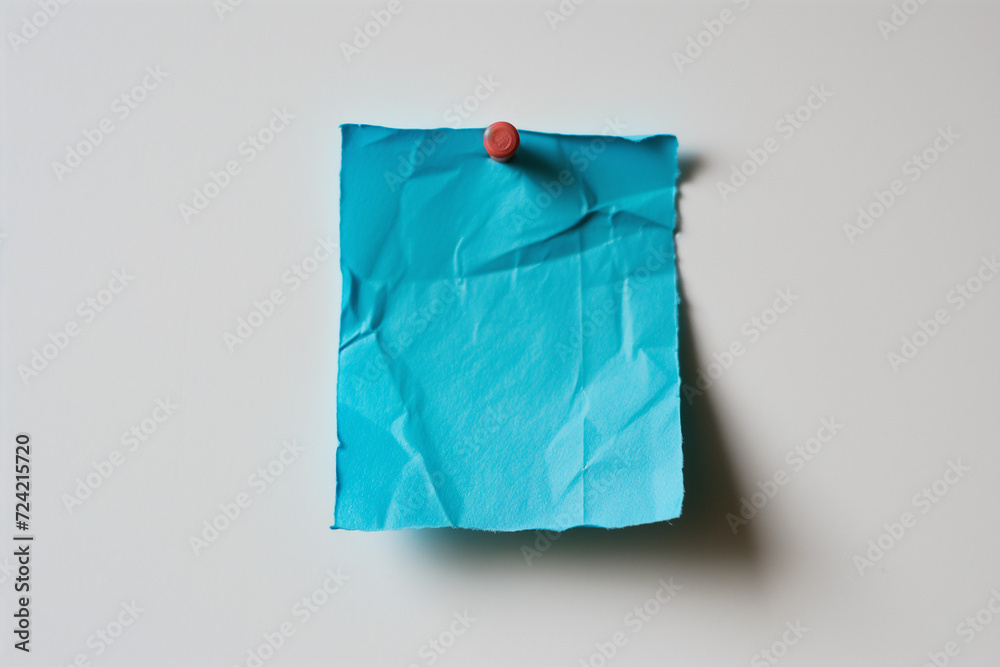 one Blue colored sticky note pinned on a white background, Empty blank note paper stick on white board, pinned Reminder memo isolated on flat wall, Blue color blank sheet paper on white background