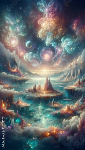 A vertical view of a transcendent world, showcasing ethereal landscapes, floating islands, and mystical structures under a nebula-like sky, with exotic, luminescent plants. 