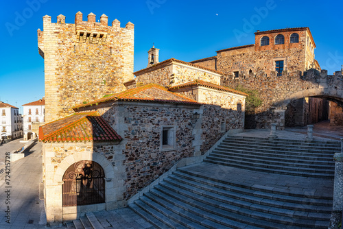 A group of medieval buildings next to the main square of Caceres, a World Heritage Site.