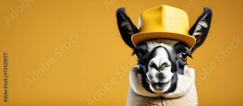 funny llama in a cap, April Fool's Day, on a yellow background, banner, place for text photo