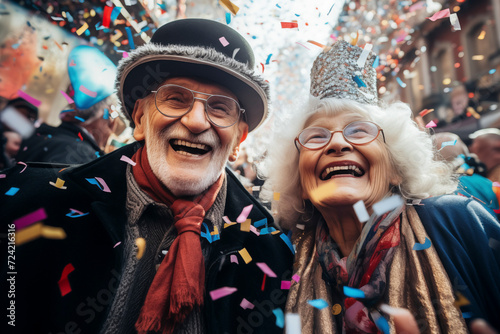 The 70 year old couple smiles at the carnival with confetti. Nice retired couple celebrating carnival laughing and enjoying the party. photo