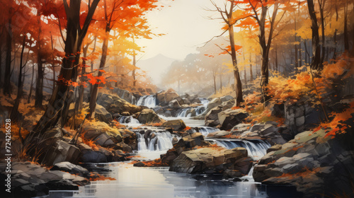waterfall in the forest at the golden hour, watercolor illustration.