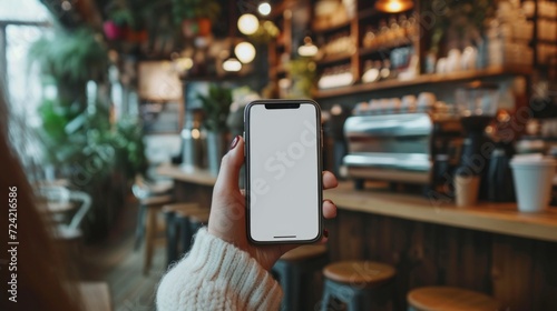 A Woman's Hand Holding a Phone with White Blank Screen at a Coffee Shop