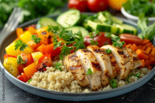 a well-portioned plate featuring grilled chicken, quinoa, and steamed vegetables