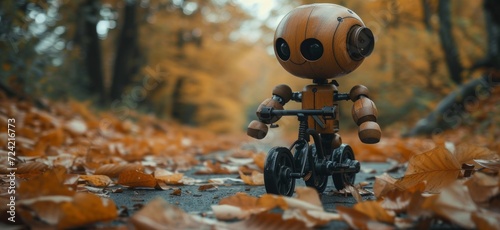 a wooden robot on a bicycle on the pathway in autumn © olegganko