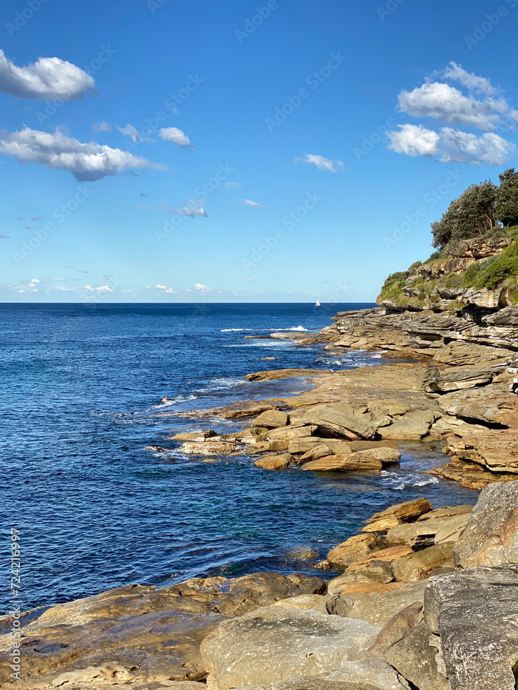 Bay and coast of the ocean. Waves breaking on the rocky shore. Australia, NSW, landscape.